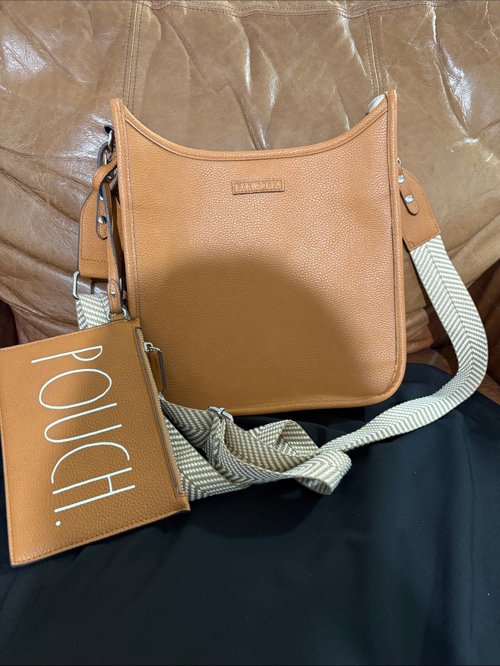Marc Fisher Tan Pebbled Leather Crossbody with Woven Strap and Detachable Pouch